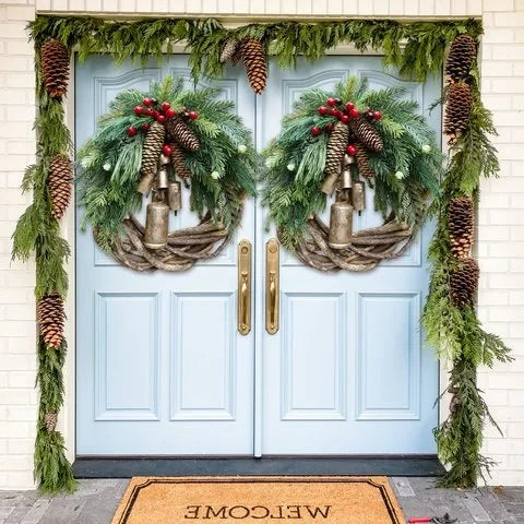 Christmas Wreath Vine Base Golden Bells Pinecones 17 Inch Indoor Outdoor