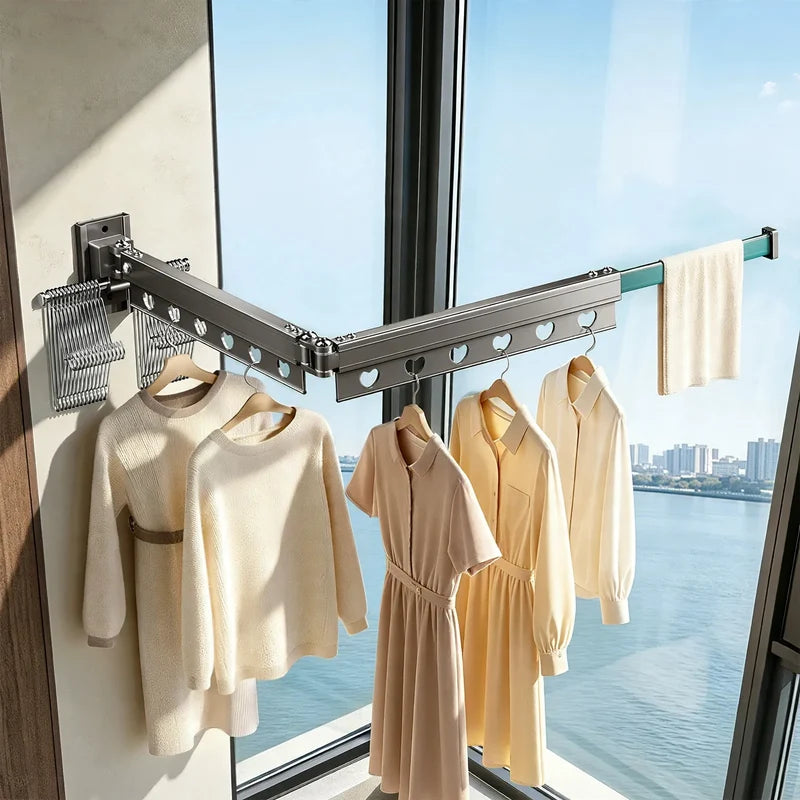 Clothes Drying Rod Wall-Mounted Foldable Aluminum Space-Saving