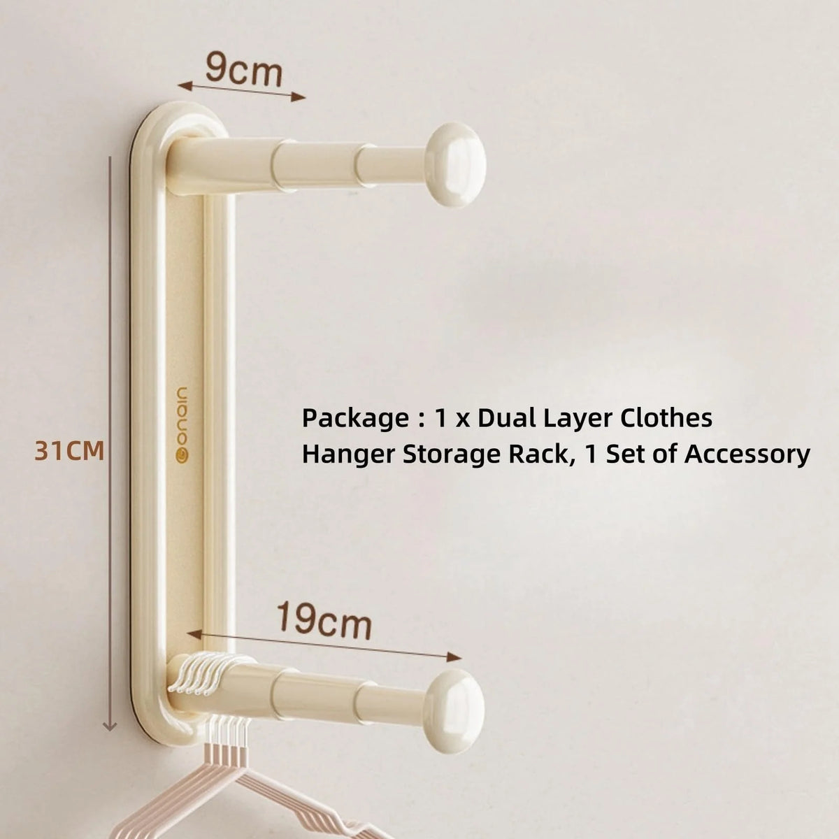 Clothing Rack Wall-Mounted Dual Rods Height-Adjustable ABS Plastic
