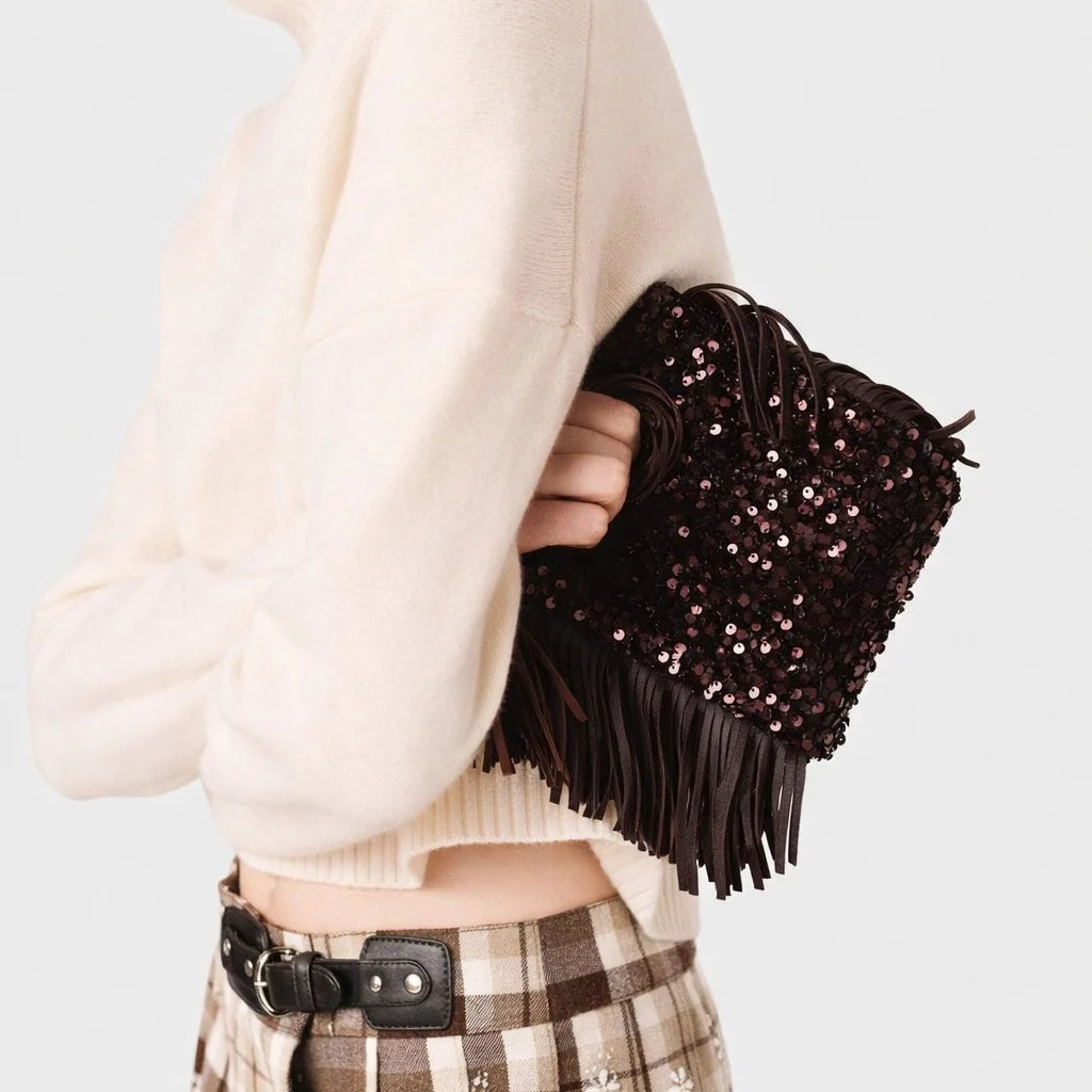 Clutch Bag Sequined Fringe Detail With Handle