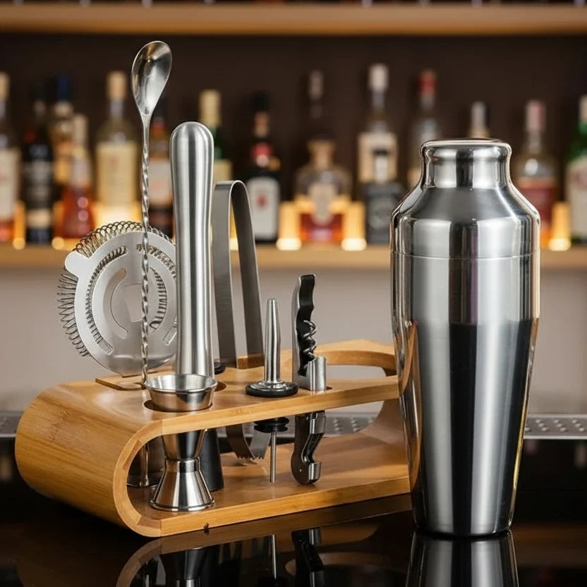 Cocktail Shaker Set Stainless Steel 10-Piece With Storage Stand