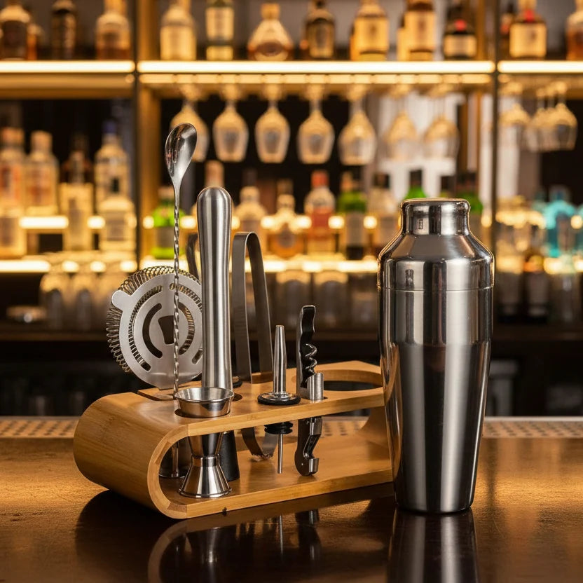 Cocktail Shaker Set Stainless Steel 10-Piece With Storage Stand