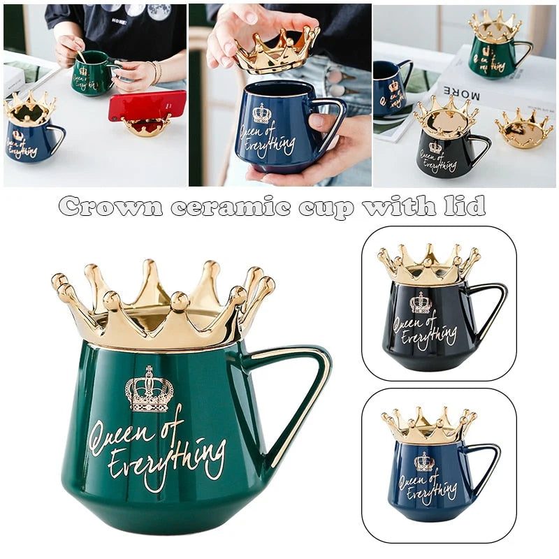 Coffee Mug Ceramic Crown Lid & Spoon Set