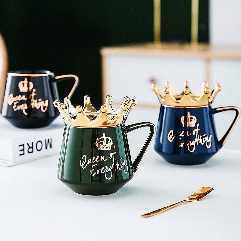 Coffee Mug Ceramic Crown Lid & Spoon Set