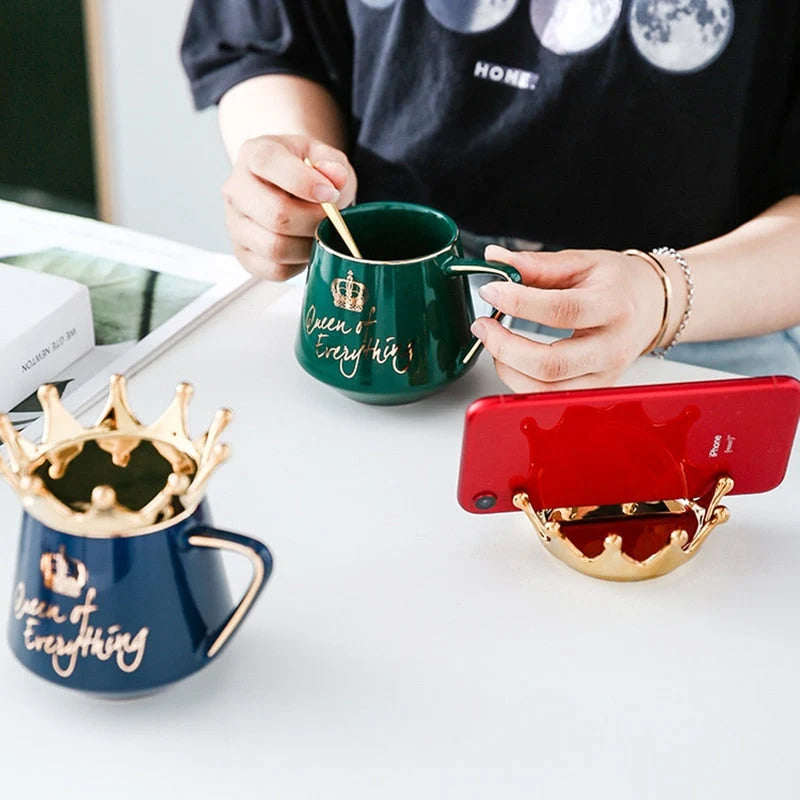 Coffee Mug Ceramic Crown Lid & Spoon Set