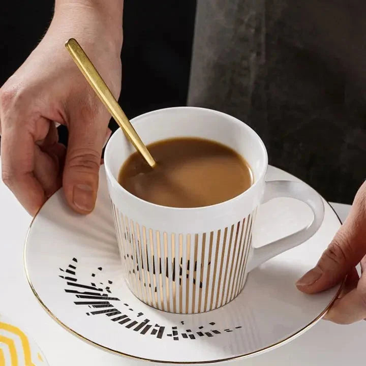 Coffee Mug Ceramic Stainless Steel Reflective Design 10.1 Oz