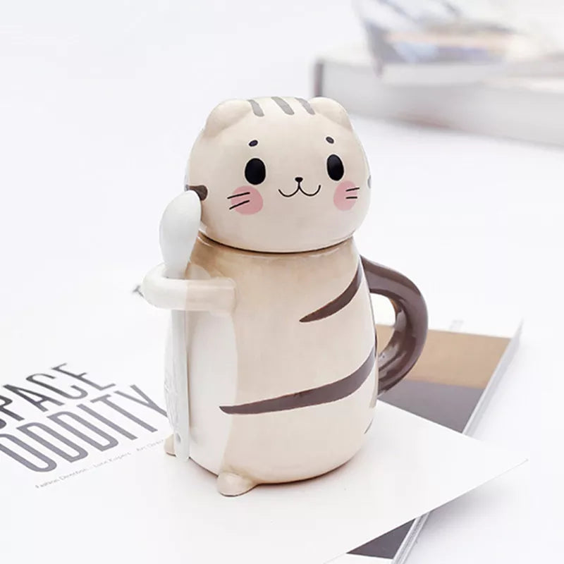 Coffee Mug Lucky Cat Design Ceramic Lid & Spoon
