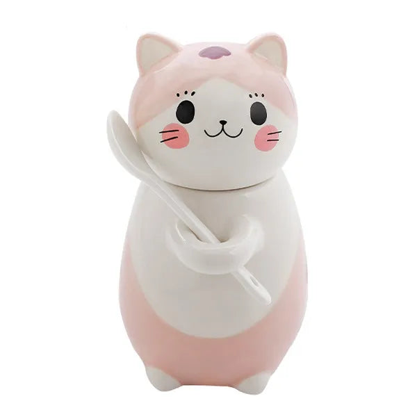 Coffee Mug Lucky Cat Design Ceramic Lid & Spoon
