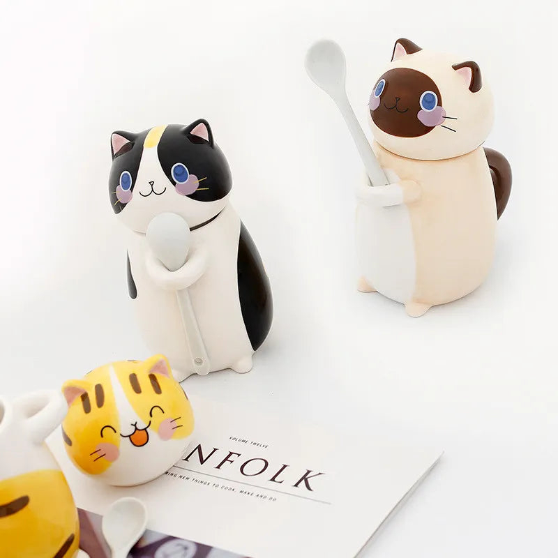 Coffee Mug Lucky Cat Design Ceramic Lid & Spoon