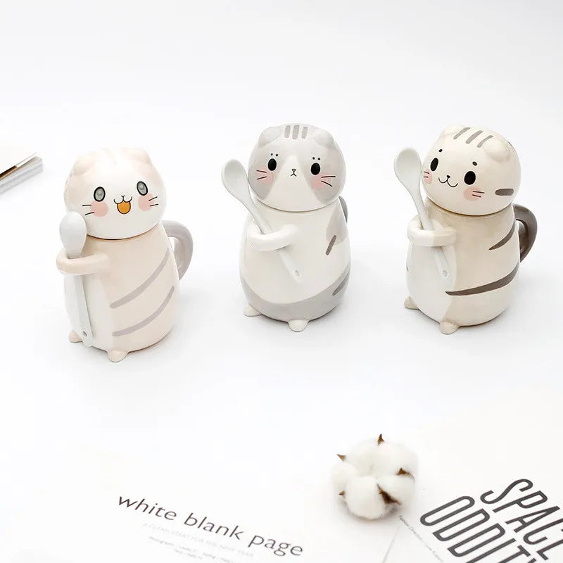 Coffee Mug Lucky Cat Design Ceramic Lid & Spoon