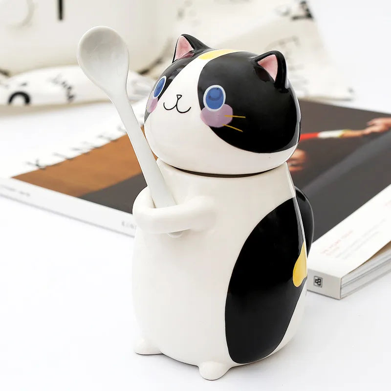 Coffee Mug Lucky Cat Design Ceramic Lid & Spoon