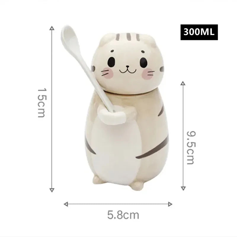 Coffee Mug Lucky Cat Design Ceramic Lid & Spoon