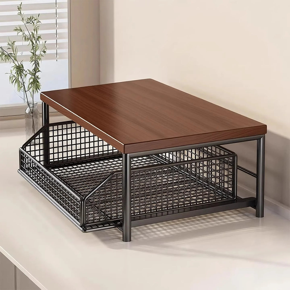 Coffee Organizer Wooden Top Two Slide-Out Mesh Baskets