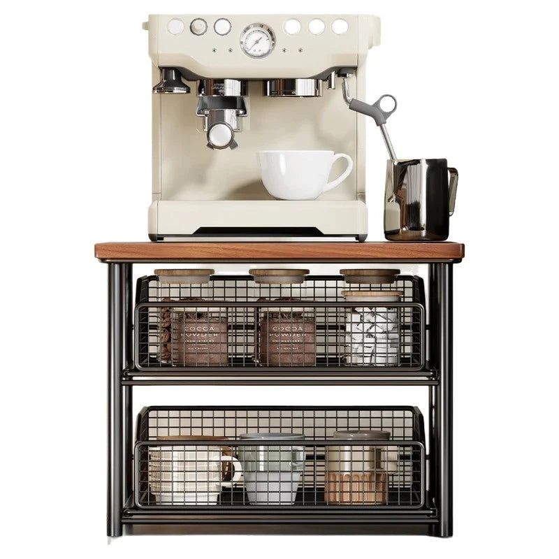 Coffee Organizer Wooden Top Two Slide-Out Mesh Baskets