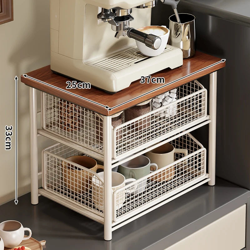 Coffee Organizer Wooden Top Two Slide-Out Mesh Baskets