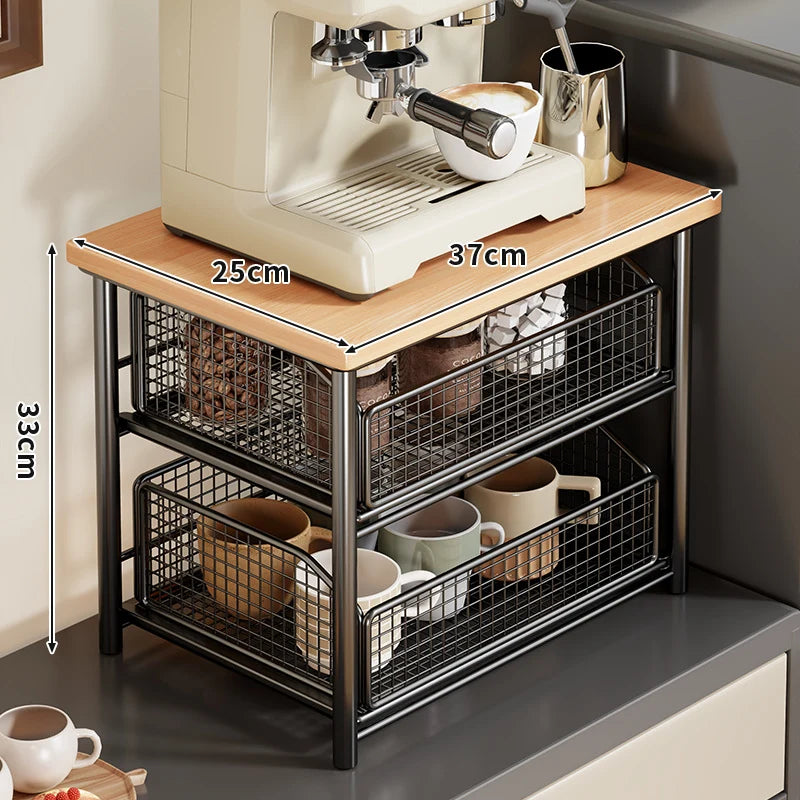Coffee Organizer Wooden Top Two Slide-Out Mesh Baskets