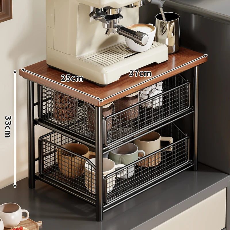 Coffee Organizer Wooden Top Two Slide-Out Mesh Baskets