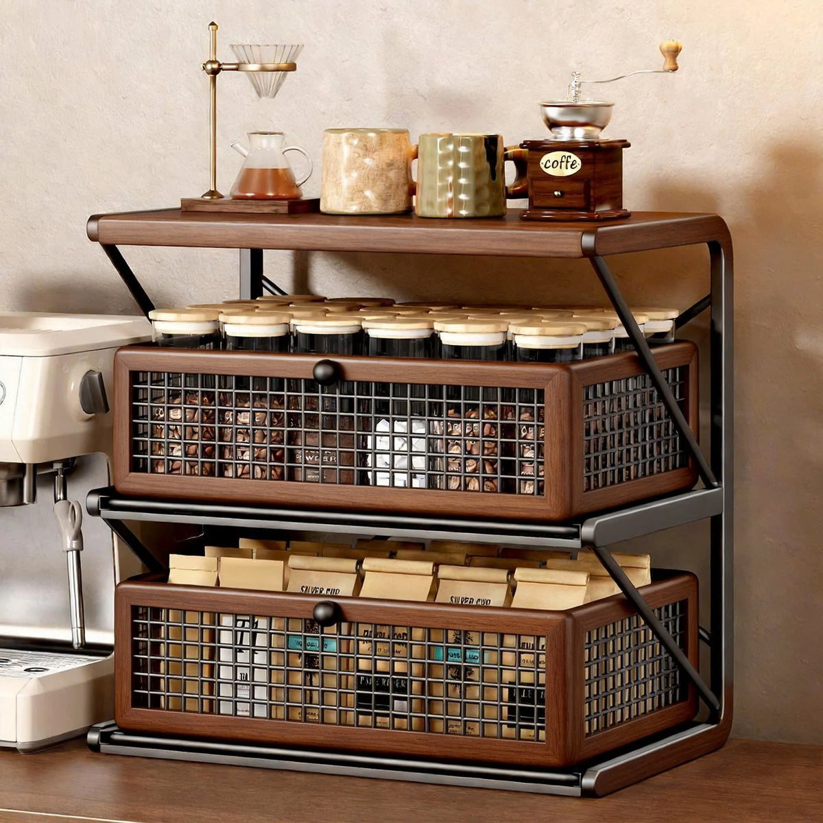 Coffee Station Organizer Wooden Top Metal Mesh Basket