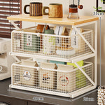 Coffee Station Organizer Wooden Top Metal Mesh Basket