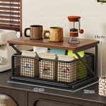 Coffee Station Organizer Wooden Top Metal Mesh Basket