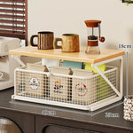 Coffee Station Organizer Wooden Top Metal Mesh Basket