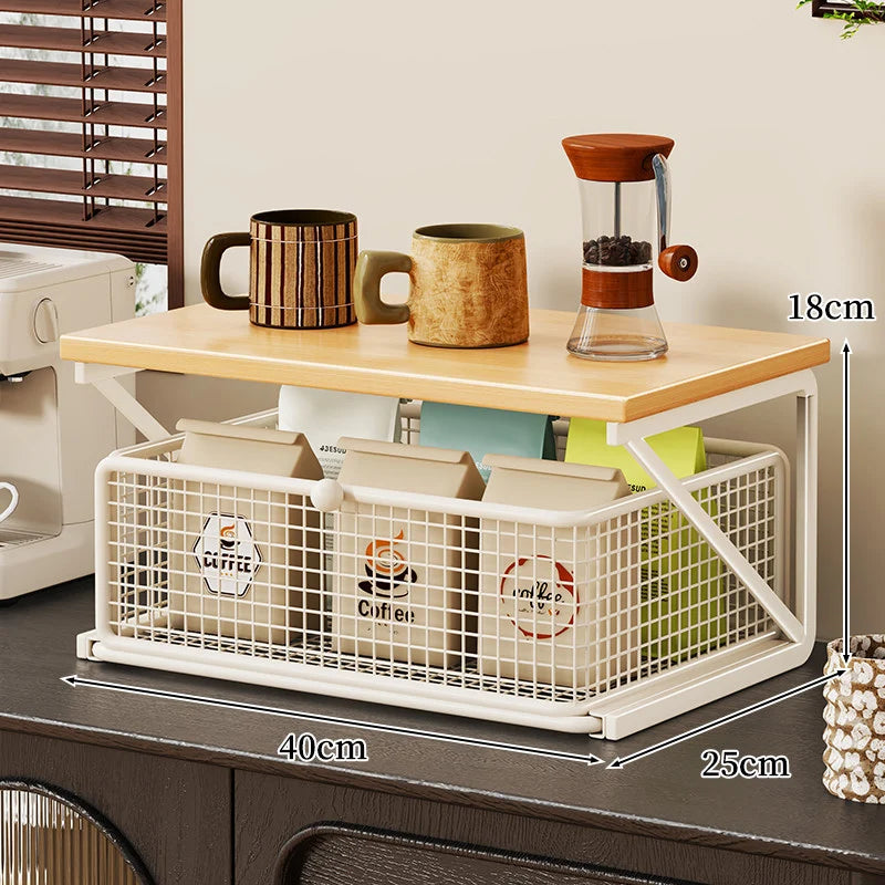 Coffee Station Organizer Wooden Top Metal Mesh Basket