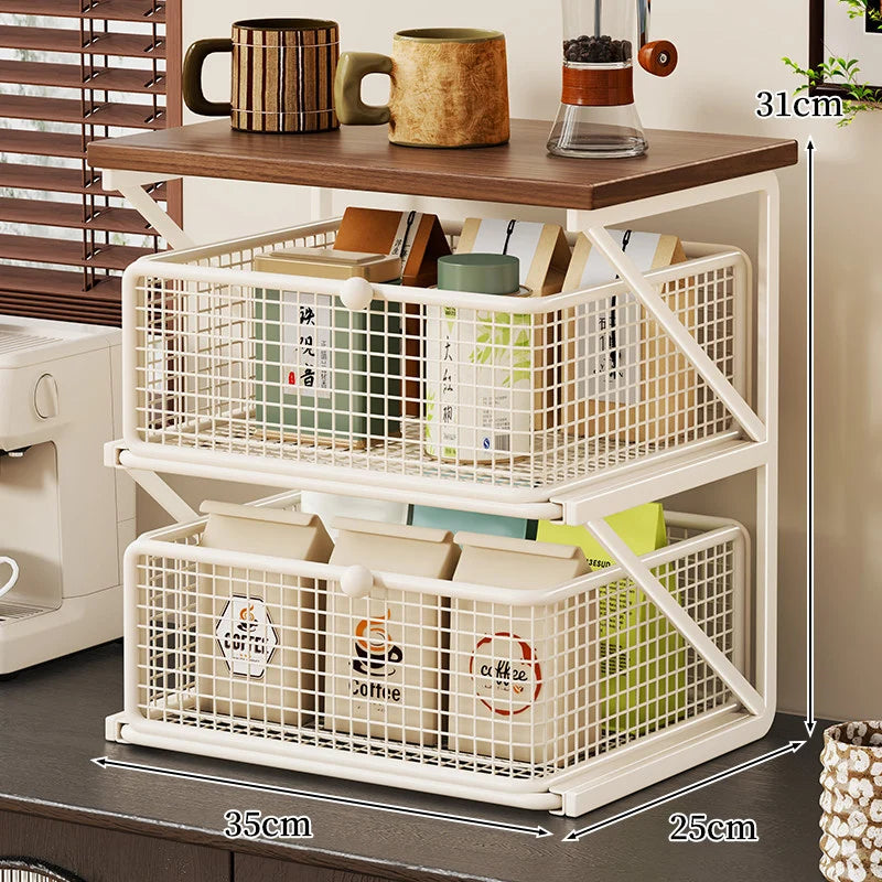 Coffee Station Organizer Wooden Top Metal Mesh Basket