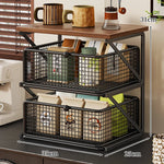 Coffee Station Organizer Wooden Top Metal Mesh Basket