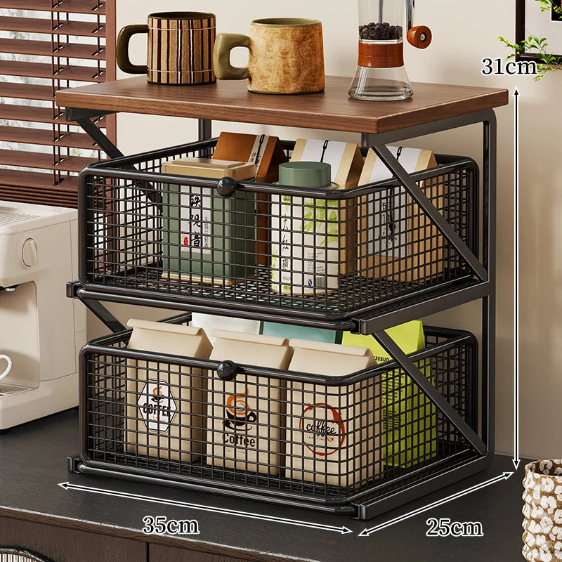 Coffee Station Organizer Wooden Top Metal Mesh Basket