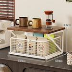Coffee Station Organizer Wooden Top Metal Mesh Basket