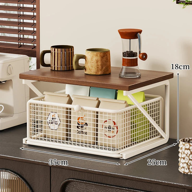 Coffee Station Organizer Wooden Top Metal Mesh Basket