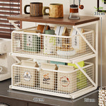 Coffee Station Organizer Wooden Top Metal Mesh Basket