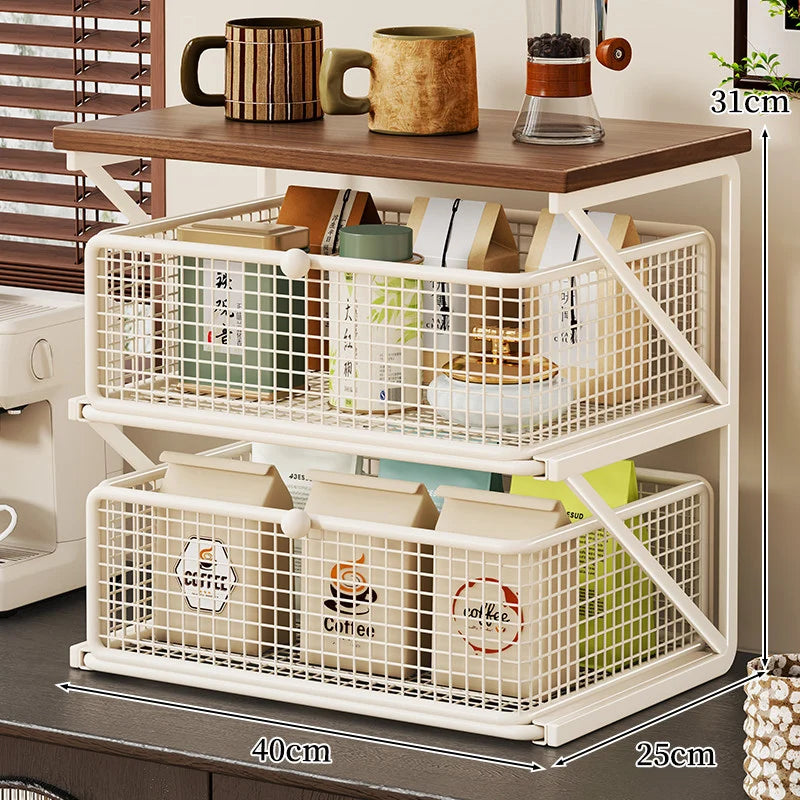 Coffee Station Organizer Wooden Top Metal Mesh Basket