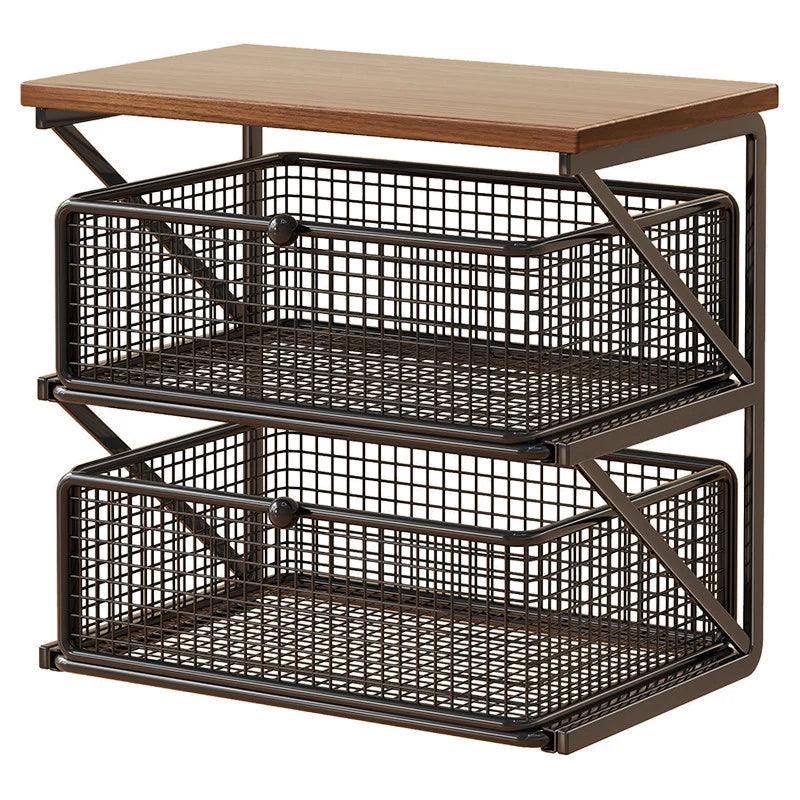 Coffee Station Organizer Wooden Top Metal Mesh Basket
