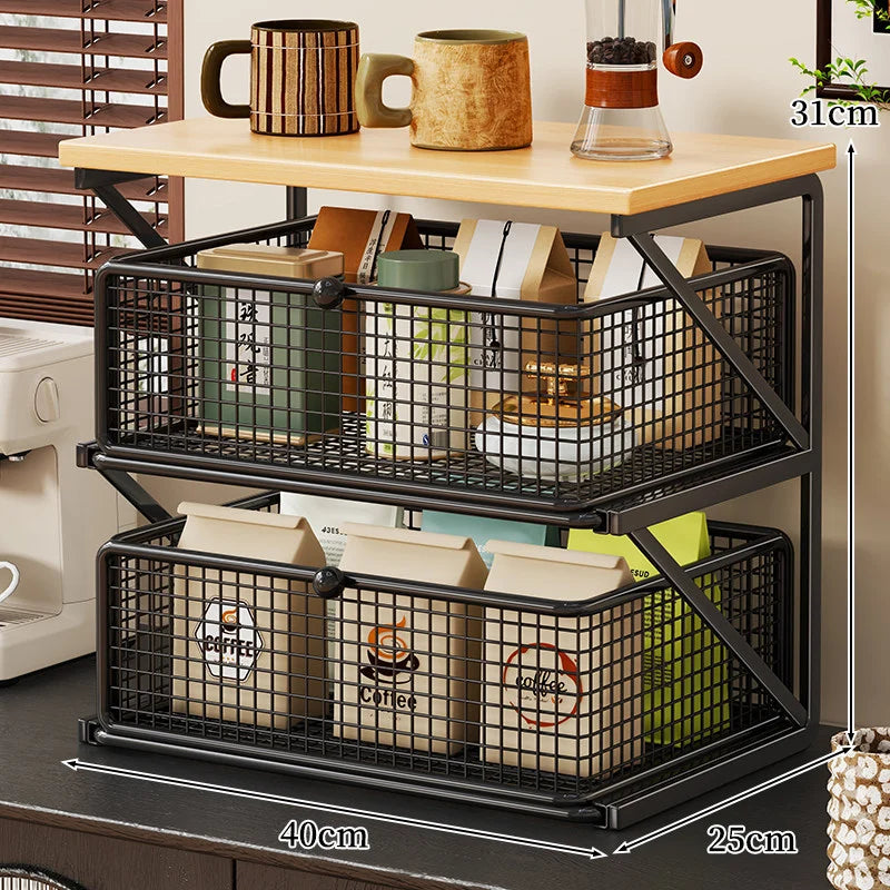 Coffee Station Organizer Wooden Top Metal Mesh Basket