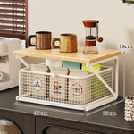Coffee Station Organizer Wooden Top Metal Mesh Basket