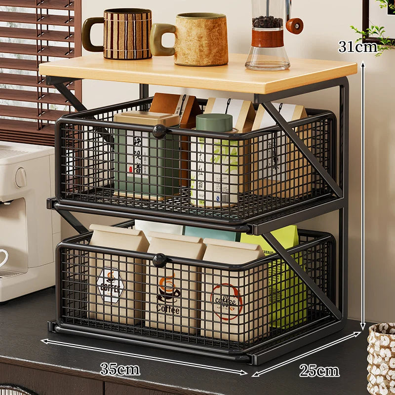 Coffee Station Organizer Wooden Top Metal Mesh Basket