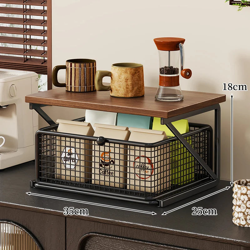 Coffee Station Organizer Wooden Top Metal Mesh Basket