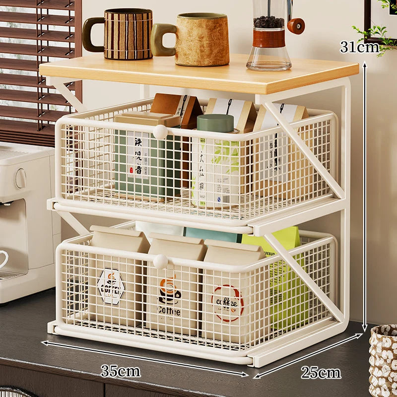 Coffee Station Organizer Wooden Top Metal Mesh Basket