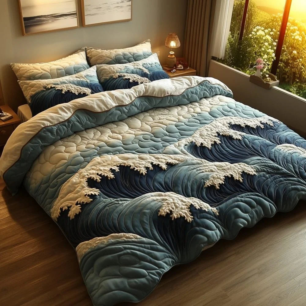 Comforter Set Quilted Ocean Wave Reversible Hypoallergenic