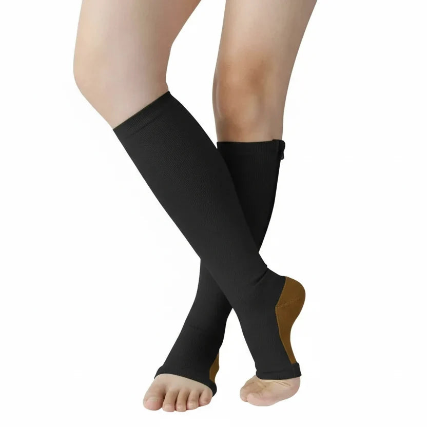 Compression Socks Graduated 20–30 mmHg Zippered Knee-High Open-Toe