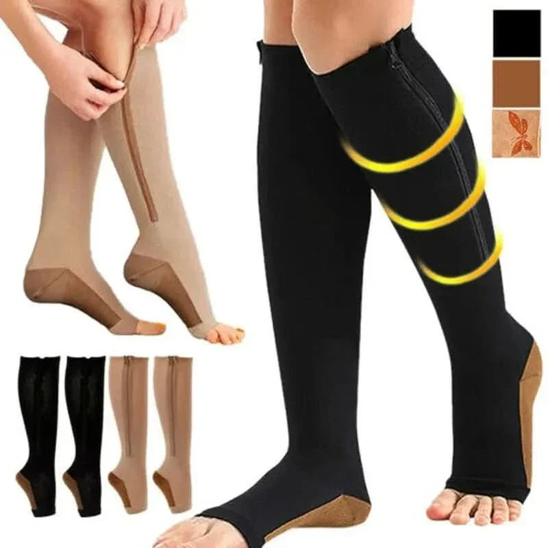 Compression Socks Graduated 20–30 mmHg Zippered Knee-High Open-Toe