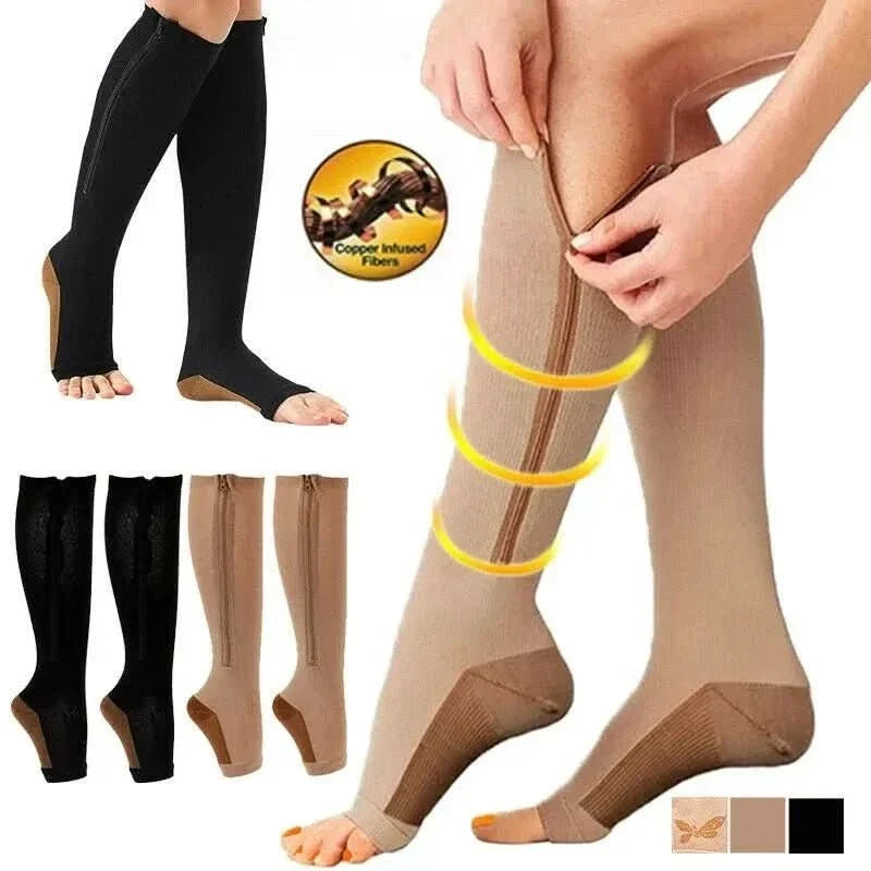 Compression Socks Graduated 20–30 mmHg Zippered Knee-High Open-Toe