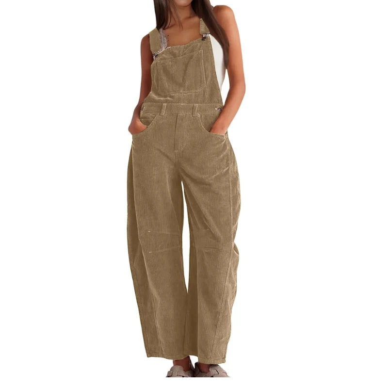 Corduroy Overalls Wide-Leg Adjustable Straps Side Pockets
