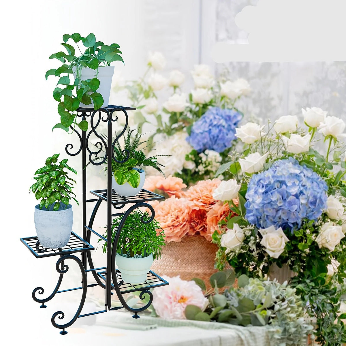Corner Plant Stand 4-Tier Rust-Resistant Wrought Iron