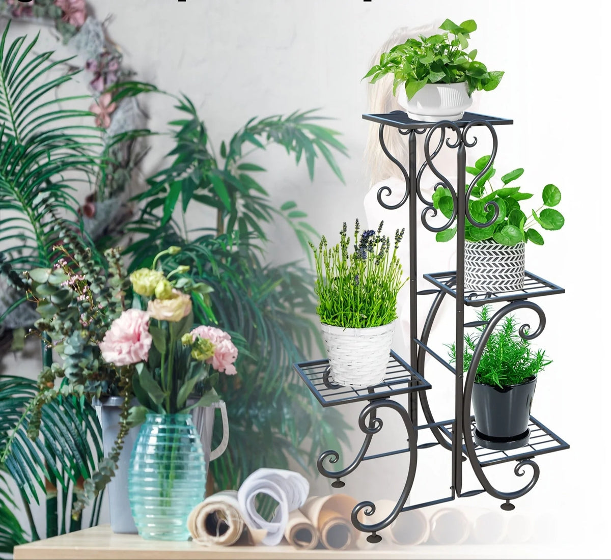 Corner Plant Stand 4-Tier Wrought Iron Anti-Rust