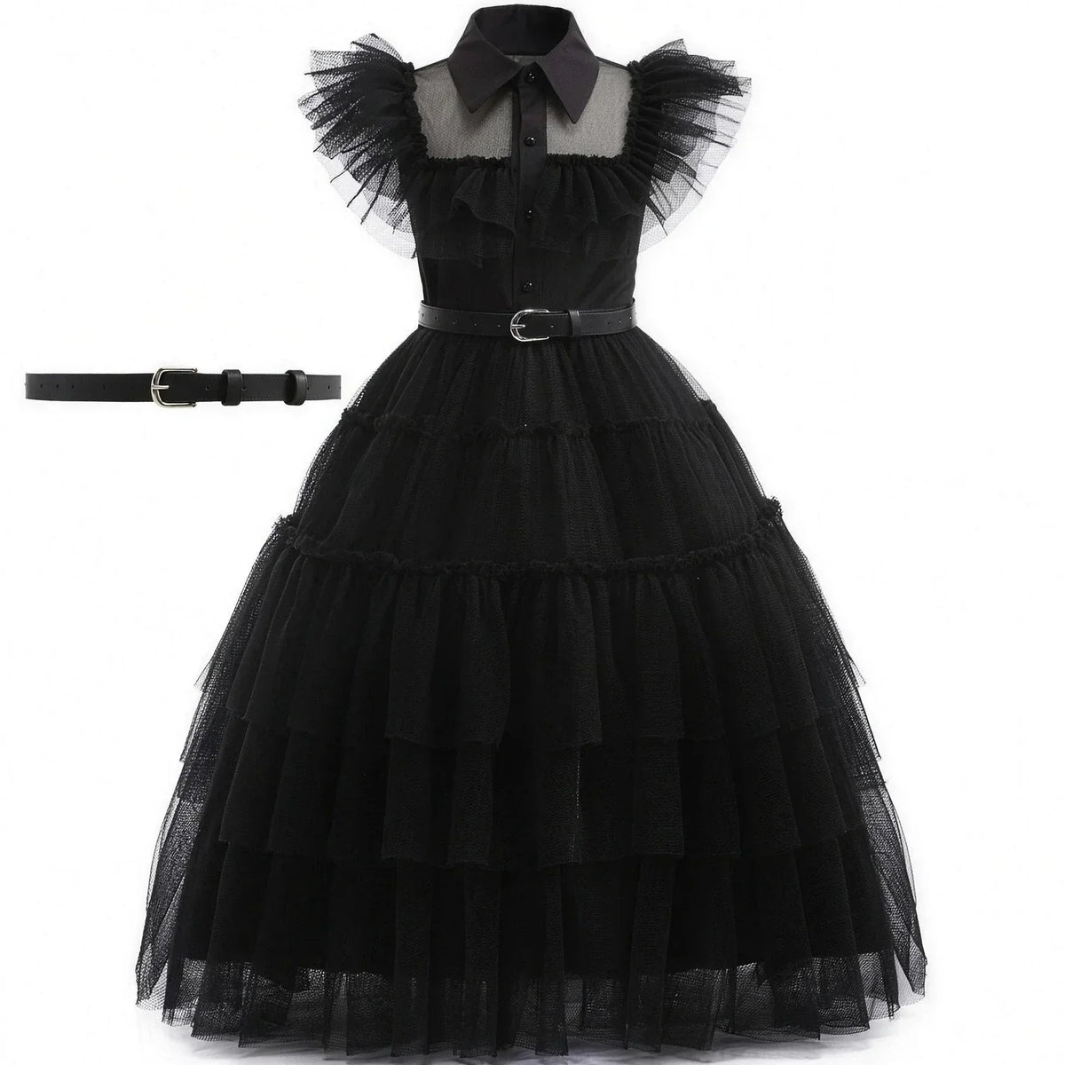 Costume Dress Black Gothic Layered Tulle White Collar
