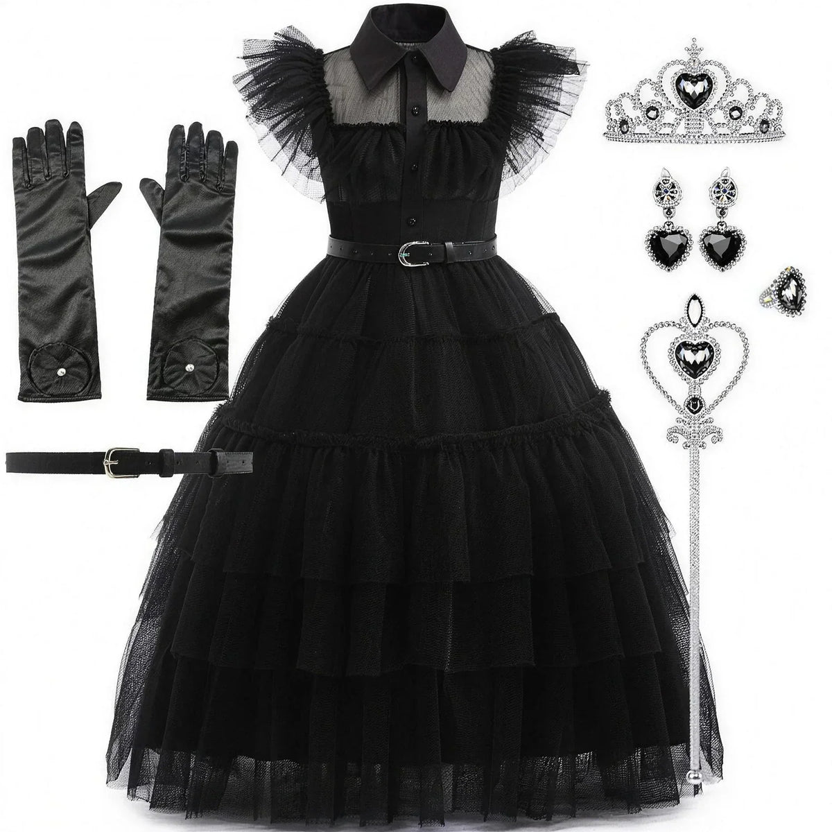 Costume Dress Black Gothic Layered Tulle White Collar
