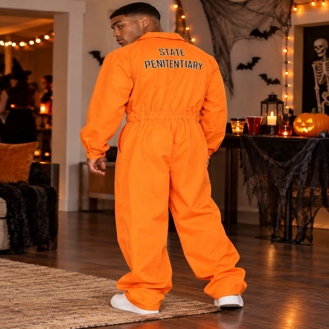 Costume Jumpsuit Orange Chest Print Front Closure