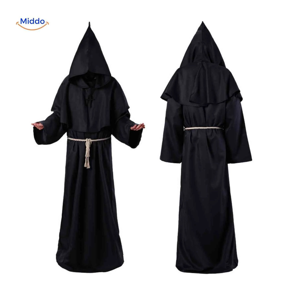 Costume Robe Hooded Floor-Length Adjustable Rope Belt